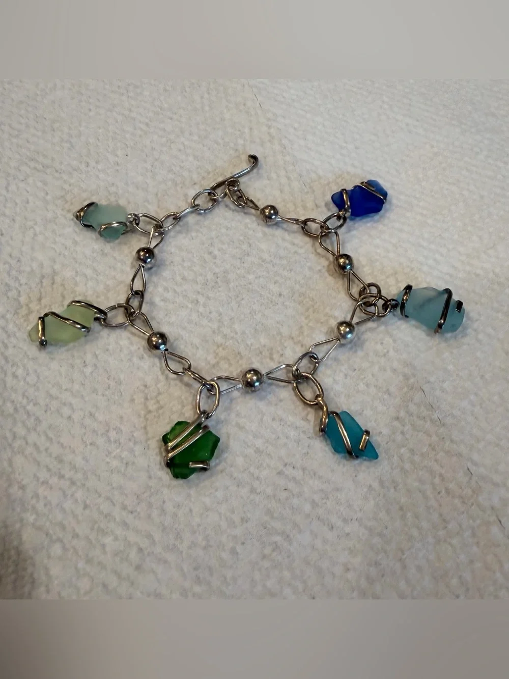 Sterling Silver Charm Bracelet with Green, Teal and Light Blue Sea Glass Charms